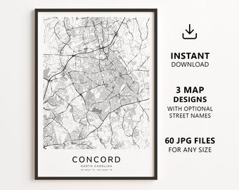 Mapa de Concord, Carolina do Norte para imprimir – Download digital do mapa da cidade, mapa de ruas minimalista para decoração de parede.