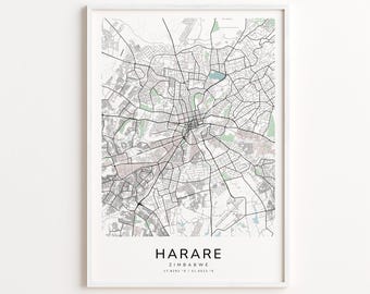 Harare Zimbabwe Map Print – Detailed Street Map Wall Art, Modern City Map Poster, Home Wall Decor