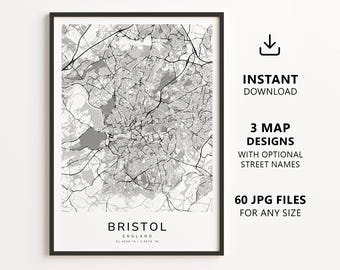 Bristol, England – Stadtplan zum Ausdrucken – Digitaler Download, minimalistisches Straßenkarten-Poster
