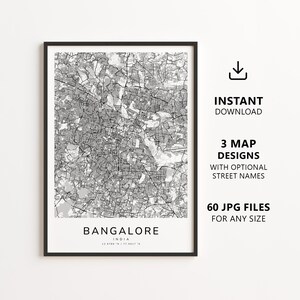 以下が含まれることがあります： バンガロール（インド）の白黒地図プリント。詳細な道路網が描かれています。テキストには、INSTANT DOWNLOAD、3 MAP DESIGNS WITH OPTIONAL STREET NAMES、60 JPG FILES FOR ANY SIZE、BANGALORE、INDIA、および座標 12.9789 N / 77.5917 E が含まれています。