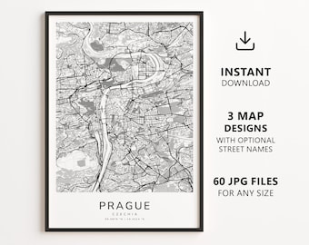 Op de afbeelding: Een zwart-witte kaartafdruk van Praag, Tsjechië, met een gedetailleerd stratenplan en rivierloop. De tekst onder de kaart luidt PRAGUE CZECHIA 50.0875 N / 14.4214 E. Rechts staat de tekst INSTANT DOWNLOAD, 3 MAP DESIGNS WITH OPTIONAL STREET NAMES, 60 JPG FILES FOR ANY SIZE.