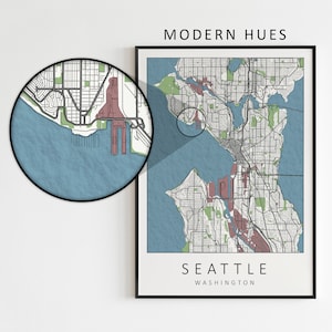 Mockup map print example. Map is displayed in a black frame on a white wall.
The example pictures are in portrait. The displayed map is in a colorful style named modern hues.