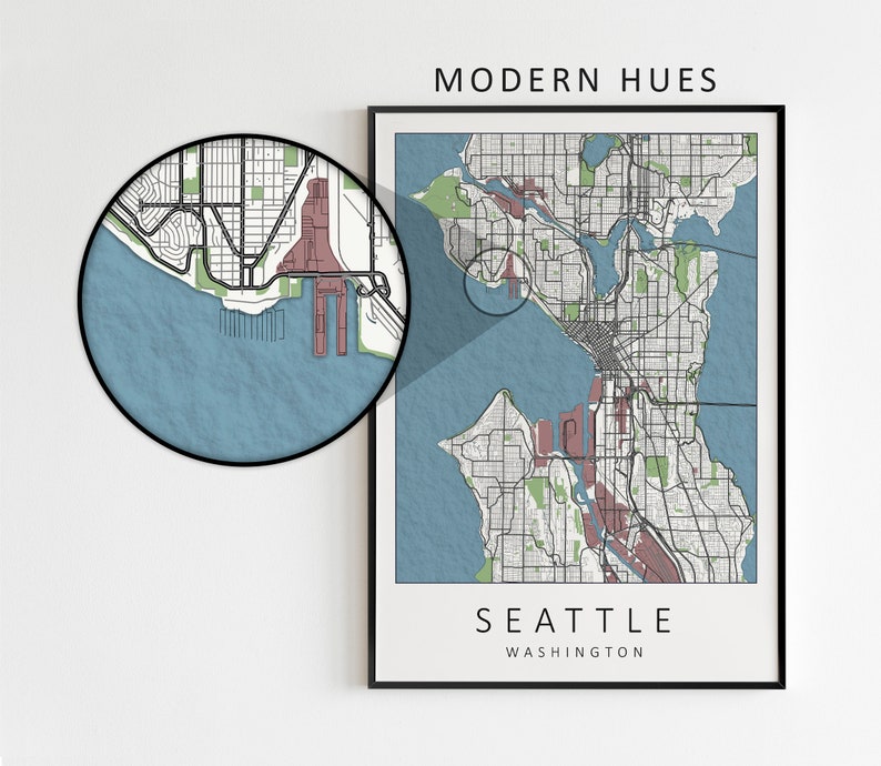 Mockup map print example. Map is displayed in a black frame on a white wall.
The example pictures are in portrait. The displayed map is in a colorful style named modern hues.