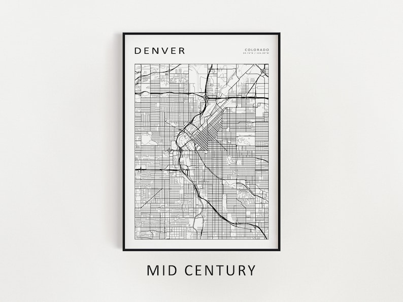 Mockup map print example. Map is displayed in black frames on a white wall.
The example picture is in portrait. The displayed map is in a mid century style.