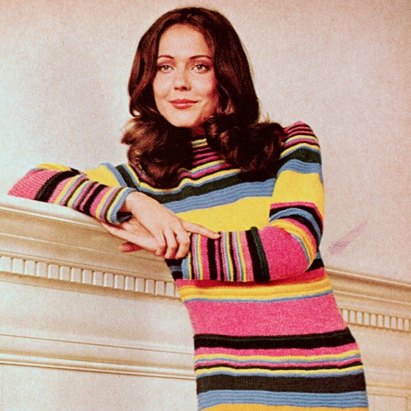 Multicoloured Striped Maxi Dress Knitting Pattern - Long Sleeves, Ankle length Dress Knitting Pattern, Vintage Knitting Patterns