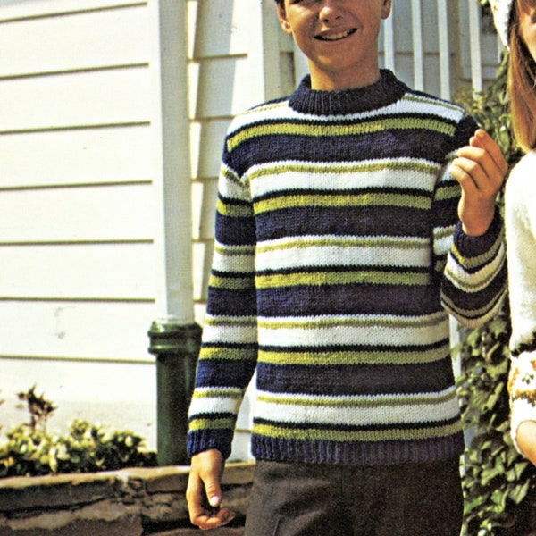 Classic Boys Striped Sweater Knitting Pattern - Kids Knit Cardigan Pattern - Size 4 6 8 10 12 Chest 25 26 28 30 32 - Vintage Knitting PDF