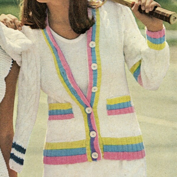 Multi-colour Striped Tennis Cardigan Knitting Pattern - Classic Tennis Sweater - Size 8 10 14 16 18 - Vintage Knitting PDF Instant Download