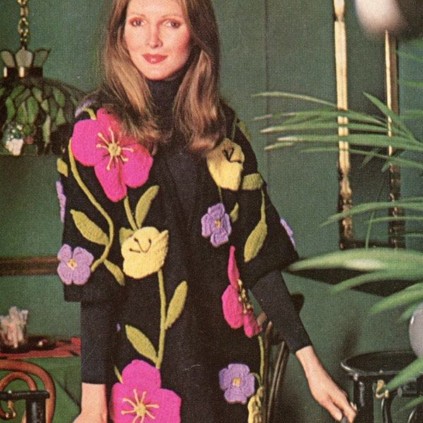 Flowered Maxi Coat Knitting Pattern - Kimono Sleeve Knit Coat Pattern, Size 10, 12, 14 Vintage Knitting Pattern PDF Download