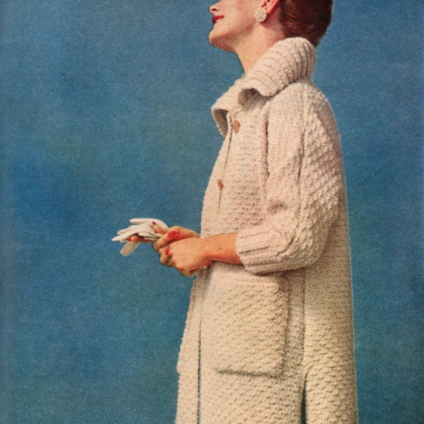 50's The Globe Trotter Coat Knitting Pattern - Wide Collar, Midi Length 1950s Bulky Coat Pattern - Size 12 to 16 Knitting Pattern