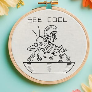 Bee Cool Vintage Hand Embroidery Pattern - Multiple Sizes, PDF Line Art Embroidery, Fun Summer Embroidery, DIY Bee Embroidery