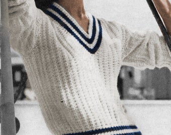 1950's Ribbed V-neck Tennis Sweater Knitting Pattern - Classic Tennis Sweater - Size 14 16 18 - Vintage Knitting PDF Instant Download