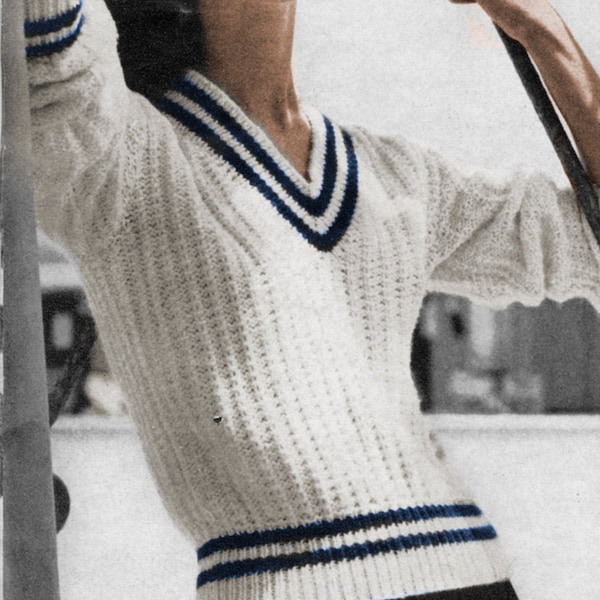 1950's Ribbed V-neck Tennis Sweater Knitting Pattern - Classic Tennis Sweater - Size 14 16 18 - Vintage Knitting PDF Instant Download