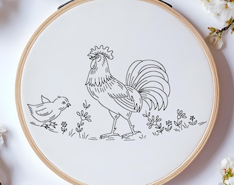 Rooster and Chick Embroidery Pattern: Vintage Line Art (PDF)