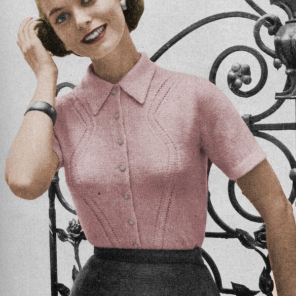 1950's Fitted Collared Zig Zag Shirtwaist Blouse Knitting Pattern - Zig Zag Lace Panel Top Pattern -  Size 12 to 16 - Vintage Knitting PDF