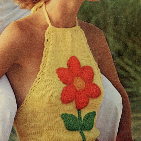 3D Daisy Flower Knitted Halter Top Pattern - Crochet Flower Summer Top Pattern - Size 6-8, 10-12 14 Vintage Crochet PDF Pattern