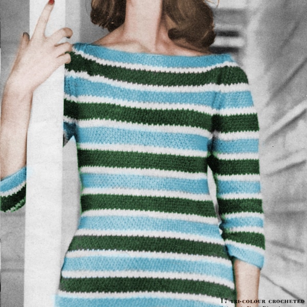 1950's Women's Striped Boat Neck Sweater Crochet Pattern - Slash Neck Raglan Pullover Crochet Pattern - Size 10 12 14 Vintage Crochet PDF