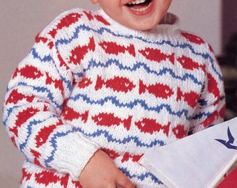 Kids Fish N Waves Sweater Knitting Pattern - Fair Isle Fish Knit Sweater - Size 2 3 4 5 6 6x 7 - Vintage Knitting PDF