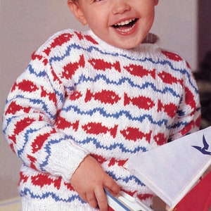 Kids Fish N Waves Sweater Knitting Pattern - Fair Isle Fish Knit Sweater - Size 2 3 4 5 6 6x 7 - Vintage Knitting PDF