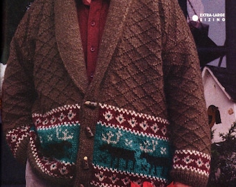 Men's Moose Cardigan Knitting Pattern - Body Chest Size 38”-48”, Chunky, Gift to Make Dad, Shawl collar, Knitting Pattern PDF