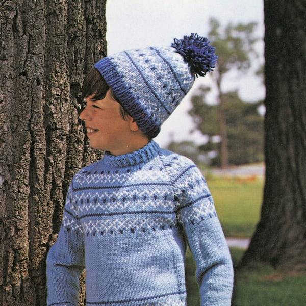 Kids Fair Isle Pullover and Matching Toque #1 Knitting Pattern - Kids Fair Isle Toque Pattern - Size 4, 6, 8 10, 12 - Vintage Knitting PDF