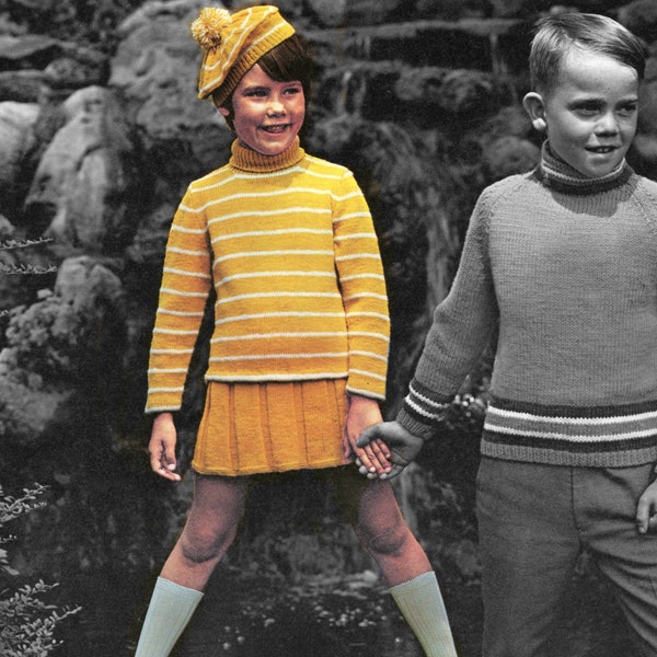 Kids Striped Turtleneck Pullover, Skirt and Tam Hat Knitting Pattern - Size 4, 6, 8 - Vintage Knitting PDF