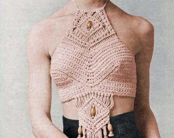1970&#39;s Macramé and Crochet Halter Top Pattern - Sexy Women&#39;s Summer Top Crochet Crop Top Bustier - Crochet PDF Pattern, Instant Download
