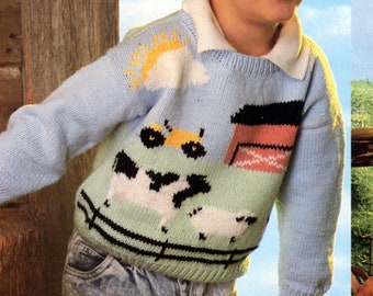 Kids Animal Farm Intarsia Sweater Knitting Pattern - Vintage PDF (Size 2-10)
