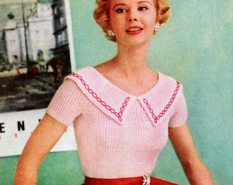 1950s Crochet Top Pattern: Women's Fitted Blouse with Optional Collar (Size 10-20) (PDF Pattern)
