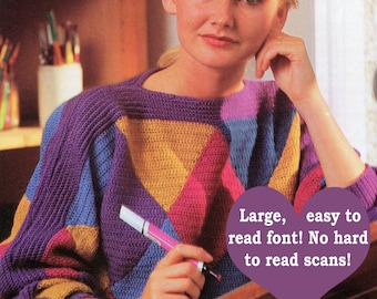 80s Crochet Sweater Pattern - Multicolored Diamond Patchwork (Bust 34-38) (PDF Pattern)