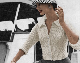 1950s Cable Knit Cardigan Pattern: Vintage Waist-Length Sweater (PDF)