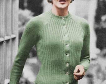 1950s Raglan Ribbed Cardigan Knitting Pattern: High Jewel Collar (PDF Pattern)