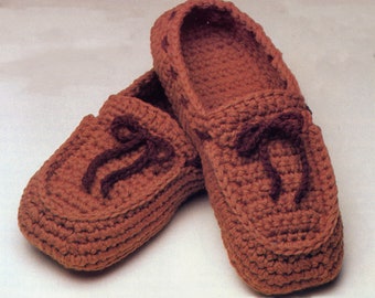 Men's Moccasins Crochet Pattern - Men's Slipper Crochet Pattern, 10' - 12" sole, Worsted weight - Vintage Crochet PDF