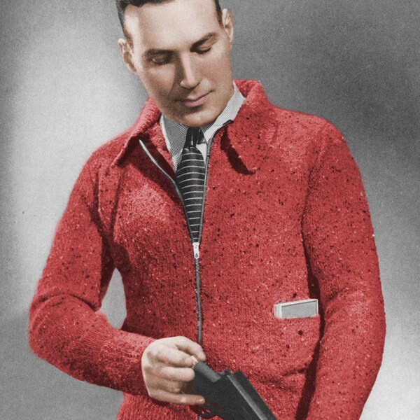 1950's Men's Bush Outdoorsman Jacket Knitting Pattern - 4 ply Zip front Jacket, Size 40",  Vintage Knitting PDF, Instant download