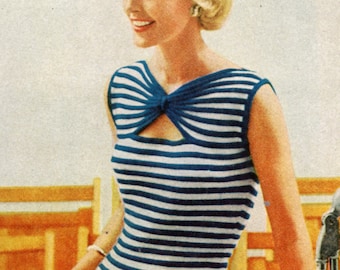 1950's Butterfly Neckline Top Knitting Pattern - Striped Women's Sleeveless Top, Vintage Knitting PDF Pattern, Instant Download