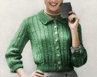 1950&#39;s Teen Girl&#39;s Short Cardigan Knitting Pattern - Bust 30&quot; to 35&quot;, Shirt Style Cardigan Knitting Pattern, Vintage Knitting PDF Pattern