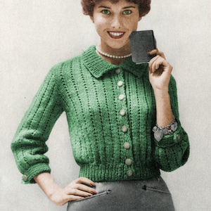 1950's Teen Girl's Short Cardigan Knitting Pattern - Bust 30" to 35", Shirt Style Cardigan Knitting Pattern, Vintage Knitting PDF Pattern