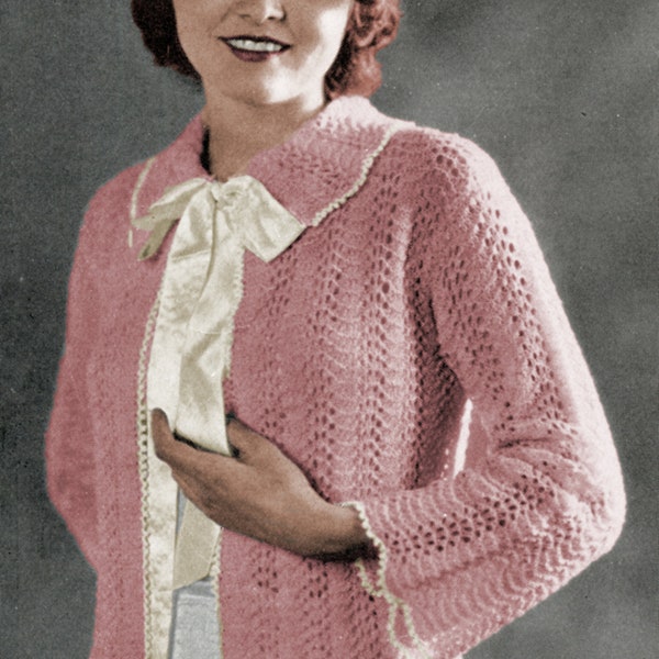 Wide Collar Bed Jacket Knitting Pattern -  Lacy Eyelet Jacket, Bow Closure - Vintage Knitting Pattern PDF Download
