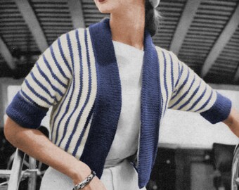 Easy 1950's Cropped Kimono Sleeved Striped Jacket Knitting Pattern - Digital 50s Knitting Pattern - Size Small and Medium Knitting Pattern