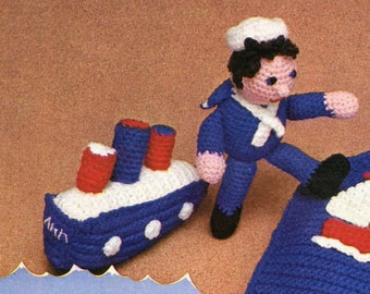 Crochet Sailor Doll and Ship Crochet Pattern - Worsted weight, Retro Hand Crochet Doll Pattern, Vintage Crochet PDF  Pattern