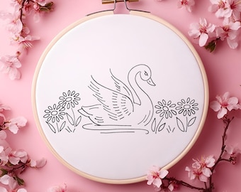 Simple Swan Among Flowers Vintage Hand Embroidery Pattern - PDF Line Art Embroidery, DIY Bird Embroidery