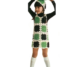 Mod Girls Granny Square Jumper and Hat Vintage Crochet PDF Pattern -4 ply Hippie Sleeveless Tunic Dress Pattern, Instant download