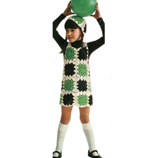 Mod Girls Granny Square Jumper and Hat Vintage Crochet PDF Pattern -4 ply Hippie Sleeveless Tunic Dress Pattern, Instant download