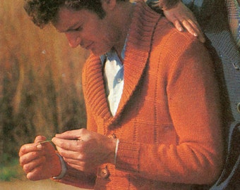 Men's Shawl Collared Cardigan Knitting Pattern - Chest 40 to 47", Vintage Knitting PDF