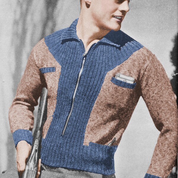 1950's Men's Two Color Sportsman Jacket Knitting Pattern - Zip front Jacket, Size 38",  4 ply Vintage Knitting PDF, Instant download