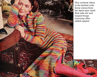 Long Sleeve Rainbow Midi Dress Knitting Pattern - Maximalist Dress Vintage Knitting Pattern