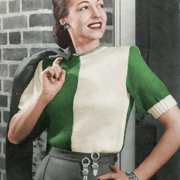 1940's Two Tone Above Elbow Sleeve Top Knitting Pattern - Two Color Knitted Tee Knitting PDF Pattern
