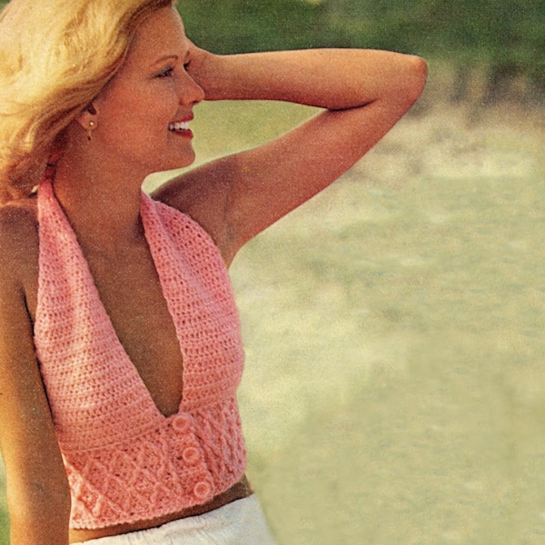 Deep V Front Buttoned Smocked Waist Halter Top Crochet Pattern - Crochet Top Pattern - Size 8-10 12-14 16 Vintage Crochet PDF Pattern