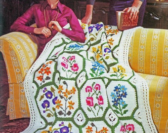 Stained Glass Embroidered Flower Crochet Afghan Pattern - Crochet Pattern PDF