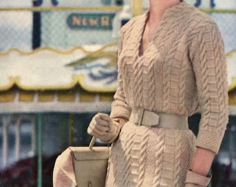 1950's Aran Patterned Dress Knitting Pattern - 50s Form fitting Dress Knitting Pattern, Above Elbow Sleeve - Size 12 to 16 Knitting Pattern