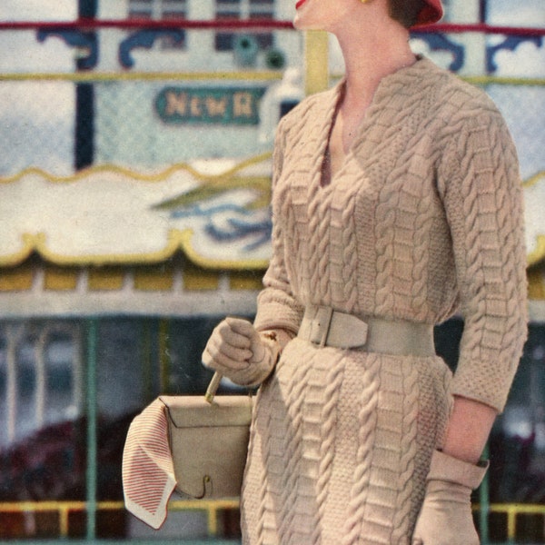 1950's  Aran Patterned Dress Knitting Pattern - 50s Form fitting Dress Knitting Pattern, Above Elbow Sleeve - Size 12 to 16 Knitting Pattern